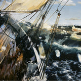 stormy sailing, splashes, waves, wet, greys, golds, greens, oil painting,