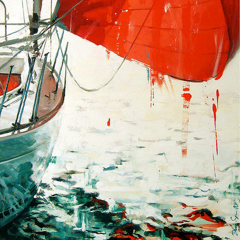 sail, dripping, red, blood, turquoise, calm, oil painting, yachting